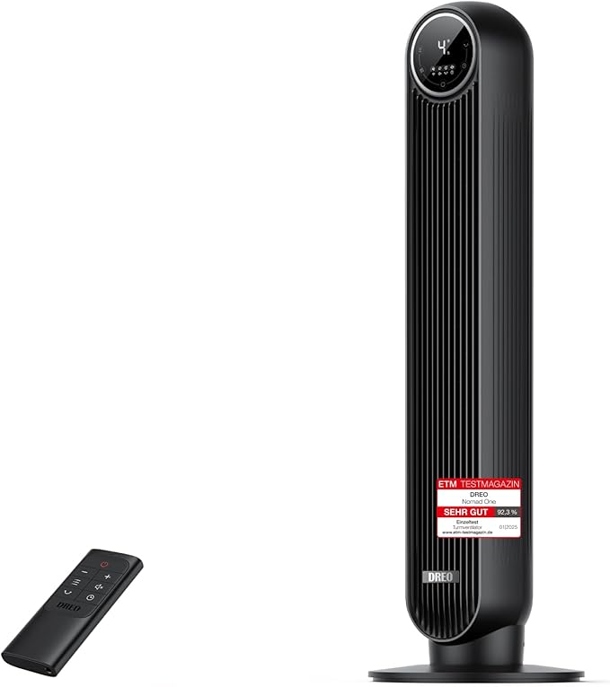 Dreo Tower Fan for Bedroom, 7.6m/s Speed, 20dB Quiet Pedestal Fan, 90° Oscillating Fan with 4 Speeds, 4 Modes, 8 Hour Timer, Nomad One, Black