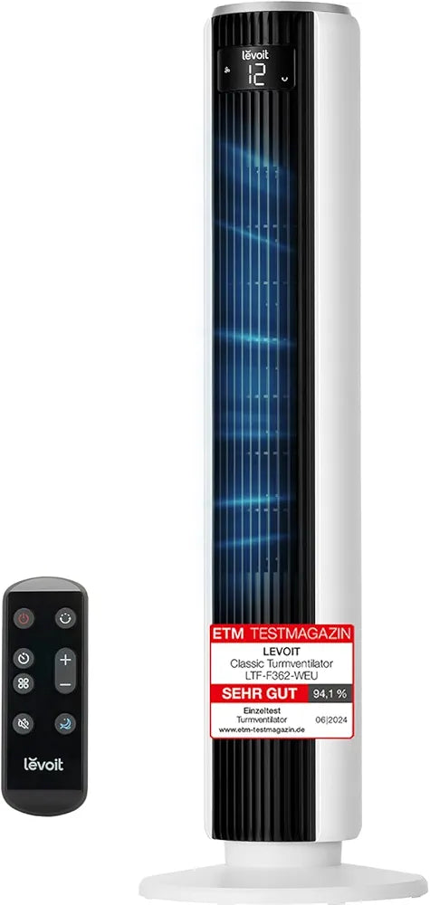 Levoit - DC Motor Tower Fan - 20dB Very Quiet Fan - 4 Modes/12 Levels/12 Hours Timer - Remote Control & Cooling - Tower Fan with 7.9 m/s Speed - 24 W Floor Fan - White, 92 cm