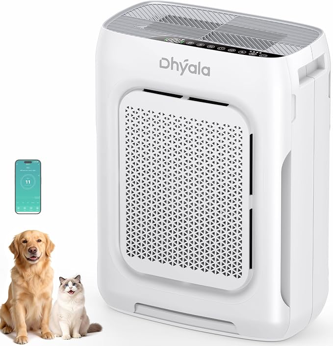 Dhyala Air Purifier Allergy Sufferers Air Purifier HEPA Air Filter with Washable Double Filter, CADR 450 m³/h, Smart WiFi, 20 dB Sleep Mode, AQI Display, Aroma, Timer, Against Dust Pollen, Pets