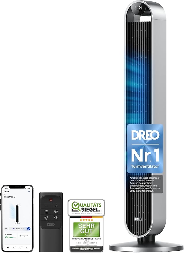 DREO Smart Tower Fan, Very Quiet, 120° Oscillating Fan with Cooling, 25 dB Floor Fan with Remote Control for Bedroom, 12 Speeds, 4 Modes, 12 Hour Timer, Pilot Max S