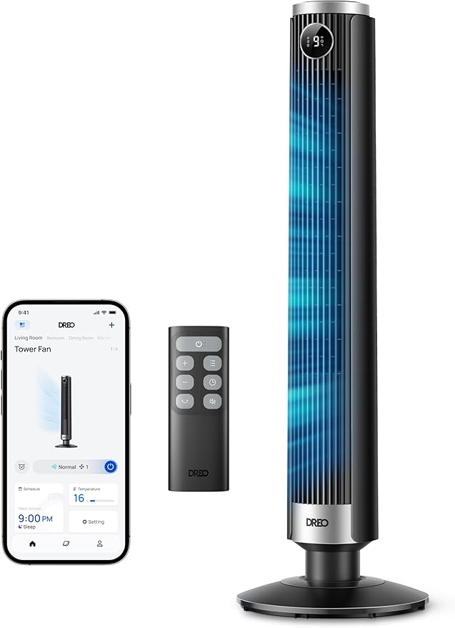 DREO Smart 102-114 cm Tower Fan for Bedroom, Height Adjustable, 8.4 m/s, DC Motor, 9 Levels, 4 Modes, 90° Oscillation, Floor Fan, 20dB Quiet, 12H Timer for Home and Office, Google/Alexa