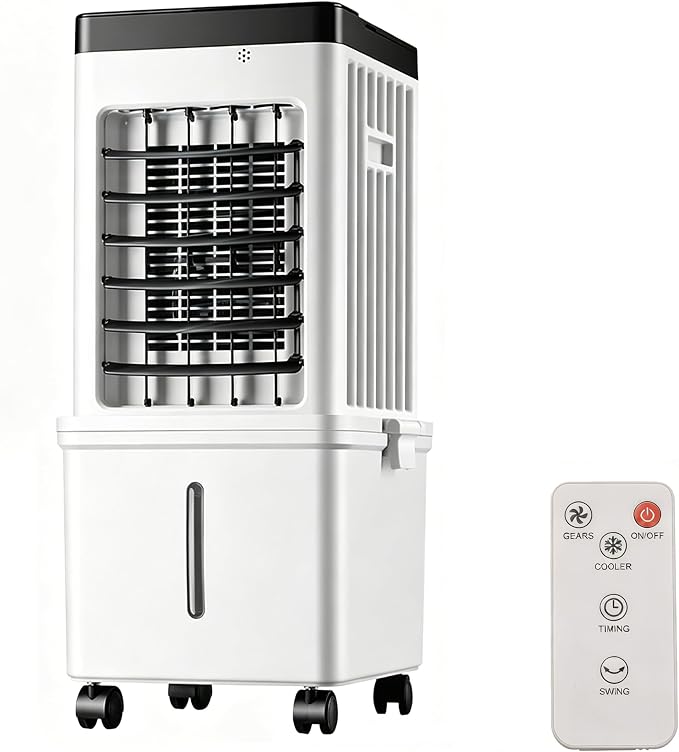 Kouamor 60cm Intelligenter Verdunstungs-Luftkühler Ventilator, 15L Tragbarer Wasser-Luftkühler mit Fernbedienung, 3 Geschwindigkeiten, 3 Modi, Leiser Turmventilator für Schlafzimmer Wohnzimmer Büro
