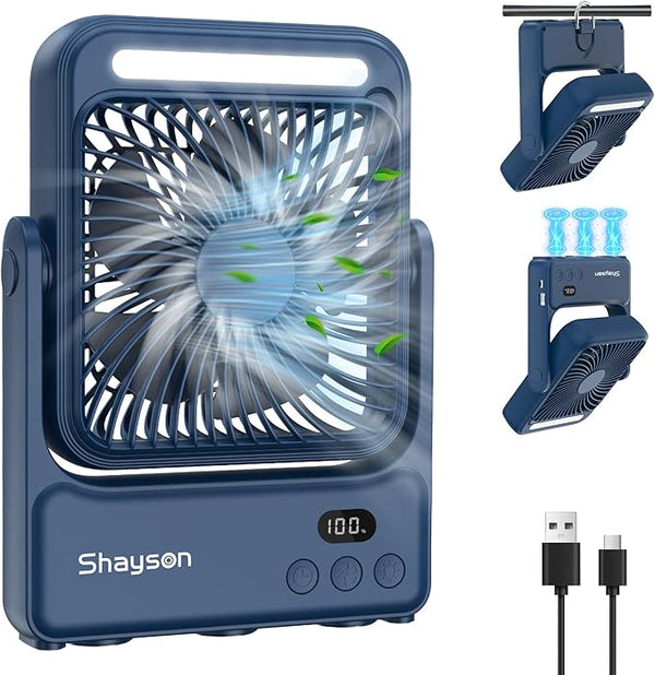 Shayson Desk Table Fan with 10000mAh Portable Camping Fan with LED Light, 4 Speeds, 7-27 Hours of Operation, Strong Magnet Suction Cup, Timer Mode, Hook, Smart Display (Blue)