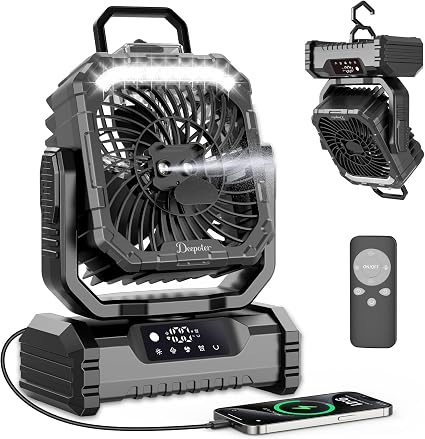 OUTACT Camping Fan with LED Light, 20000mAh Battery Operated Rechargeable Camping Misting Fan with Hanging Hook