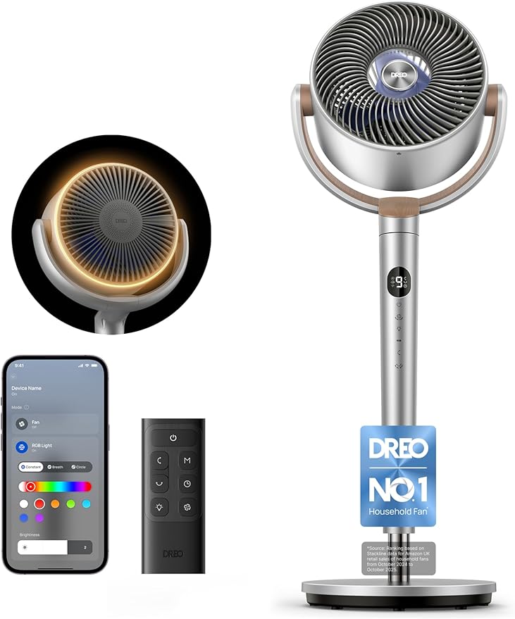 DREO 40 Inch Smart RGB Pedestal Fan, 20dB Silent Standing Fans for Bedroom, 120°+120° Oscillating Cooling Fan, Wi-Fi/Voice Control, DC Motor, 9 Speeds, 6 Modes, 12H Timer, 90 ft Circulator, Silver