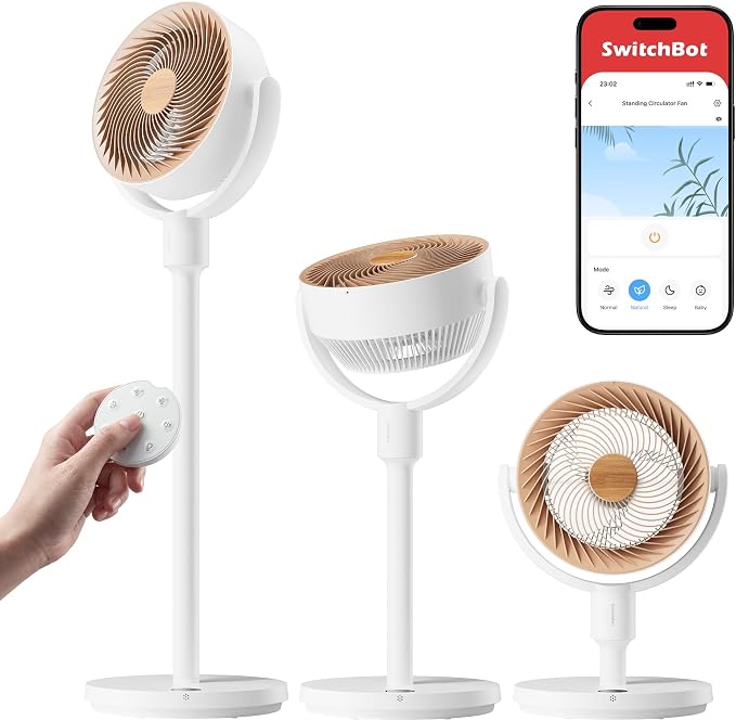 SwitchBot Floor Fan with RGB Lighting 22dB Ultra Quiet Remote Control Matter via Hub 9.15m3/min Air Flow Height Adjustable 4 Modes 9 Speed 9H Timer