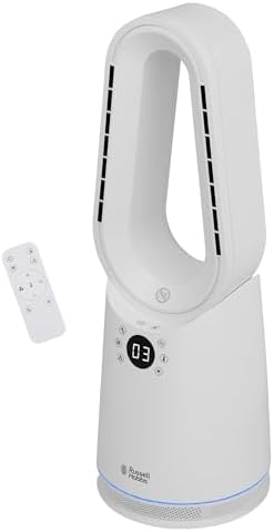 Russell Hobbs Bladeless Cooling Fan with 9 Speed Settings, Eco, High, Heat and Sleep Mode, LED Display & Remote Control, 8-Hour Timer and Oscillating Feature in White, RHCBLDL3IN1