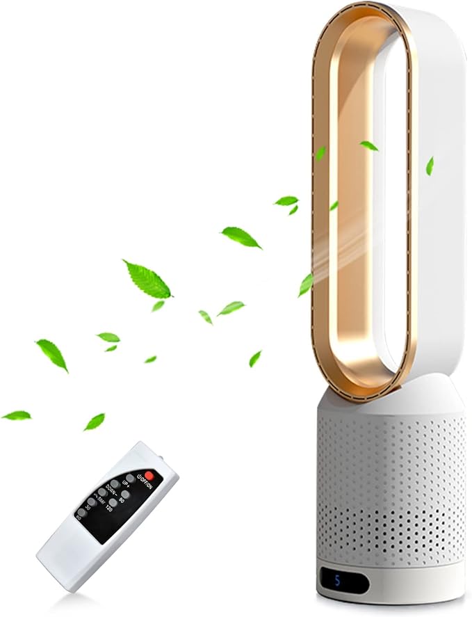 Solace Tower Fan for Bedroom, 20 Inch Bladeless Fan, 80° Oscillating with Remote, 8 Speeds, 2H Timer, Quiet Desk Cooling Standing Floor Fans Indoor Home Office Room (Gold)