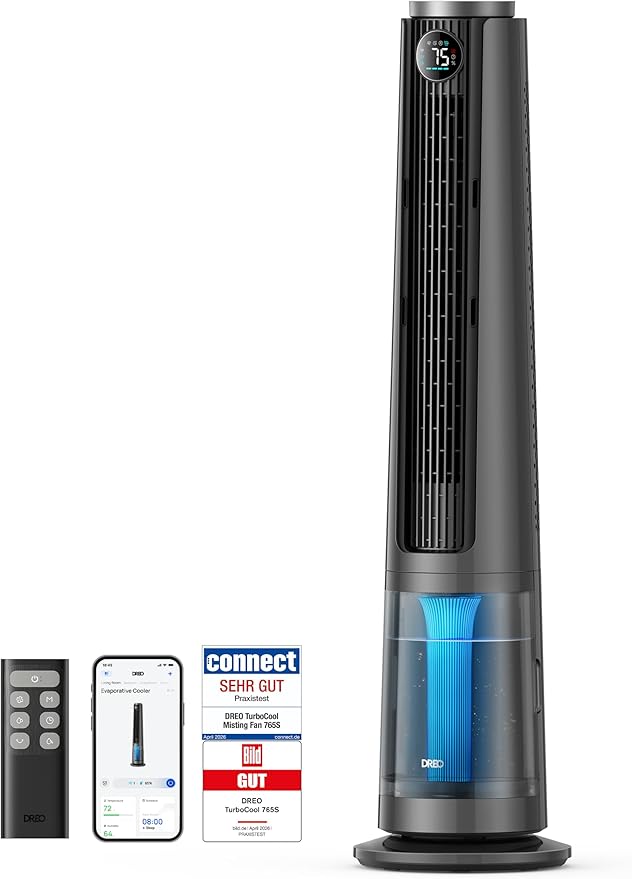 DREO TurboCool Fog Fan 765S, 3-in-1 Tower Fan with Ultrasound, WiFi & App Control, 6 L Tank, 10.4 m/s Airflow, 20 dB Quiet DC Motor, 90° Oscillation, 12 Speeds, 4 Modes