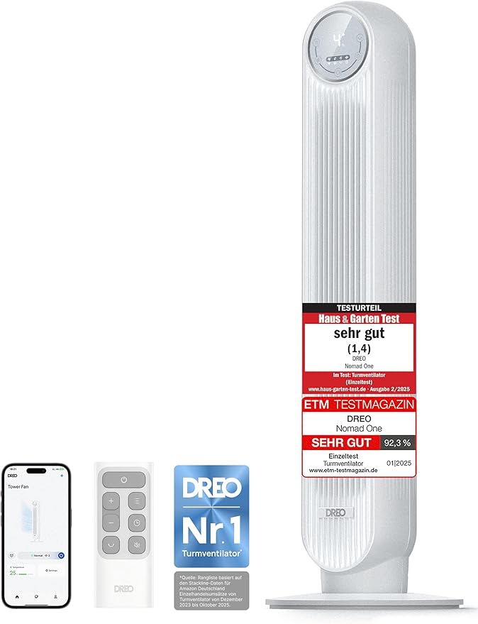 Dreo Smart 20dB Quiet Tower Fan, 10m Throwing Distance 4 Speed Levels 4 Modes 8 Hour Timer 90° Oscillating Fan with Cooling WiFi & Remote Control for Bedroom, Nomad OneS, White