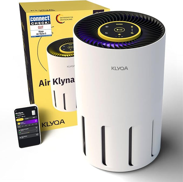 Klyqa Air Purifier Allergy Sufferers 360° HEPA Filter Pet Removes 99.99% of Animal Hair, Dust & Pollen I 300 CADR I 21.5 dB Low Noise Air Filter I Smart Air Purifier Against Animal Hair I Server in Germany