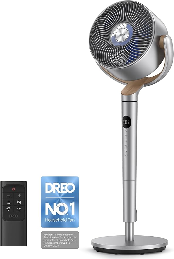 DREO 20 dB Standing Fan for Bedroom, 120°+120° Omni-directional Cooling Fans, 90 ft Circulator With Remote, DC Motor Pedestal Fans, 35-40" Adjustable Height Floor Fan, 8 Speeds, 3 Modes, 8H Time