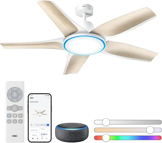 DREO 1.3m Smart Ceiling Fan with Lights for Cooling, Quiet DC Motor, App & Alexa Control, Dimmable LED & RGB Ambient Light, 12 Speeds, 4 Modes, 1-12H Timer, Easy Install for Large Living Room Bedroom